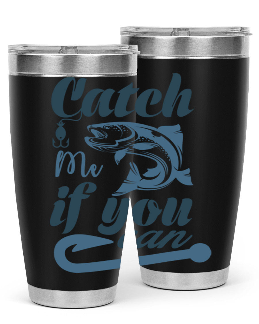 Catch Me 172# Fishing Tumbler in stainless steel with a vibrant fishing-themed design, showcasing its double wall vacuum insulation.