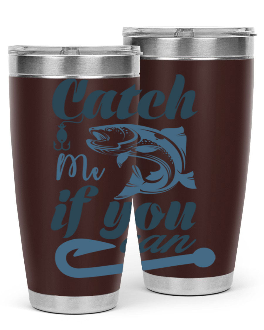 Catch Me 172# Fishing Tumbler in stainless steel with a vibrant fishing-themed design, showcasing its double wall vacuum insulation.