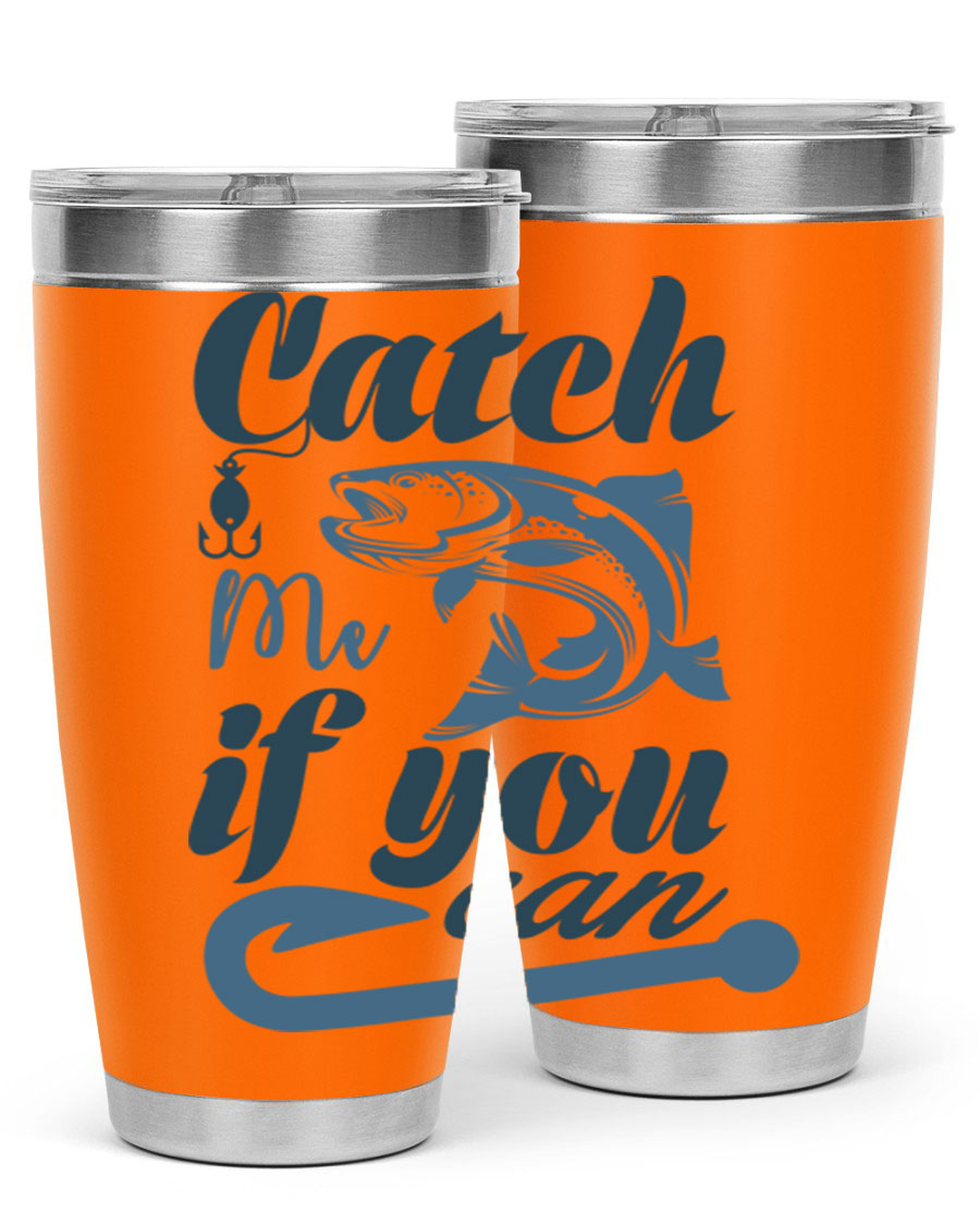 Catch Me 172# Fishing Tumbler in stainless steel with a vibrant fishing-themed design, showcasing its double wall vacuum insulation.