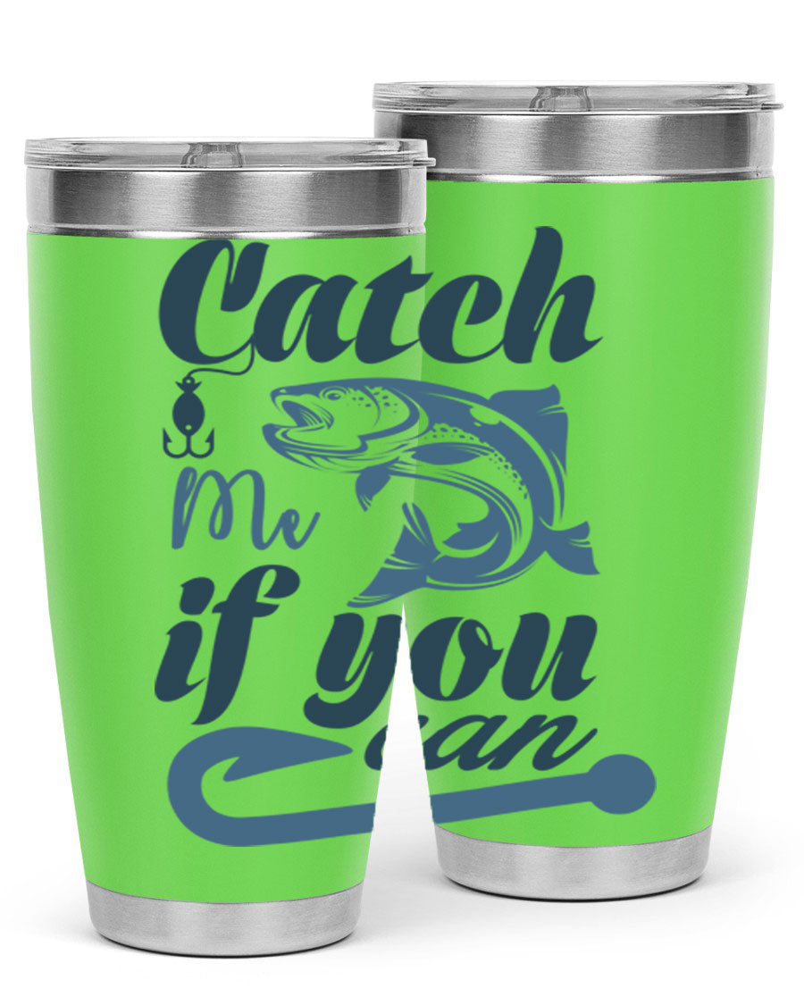 Catch Me 172# Fishing Tumbler in stainless steel with a vibrant fishing-themed design, showcasing its double wall vacuum insulation.
