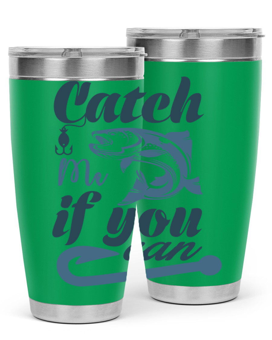 Catch Me 172# Fishing Tumbler in stainless steel with a vibrant fishing-themed design, showcasing its double wall vacuum insulation.