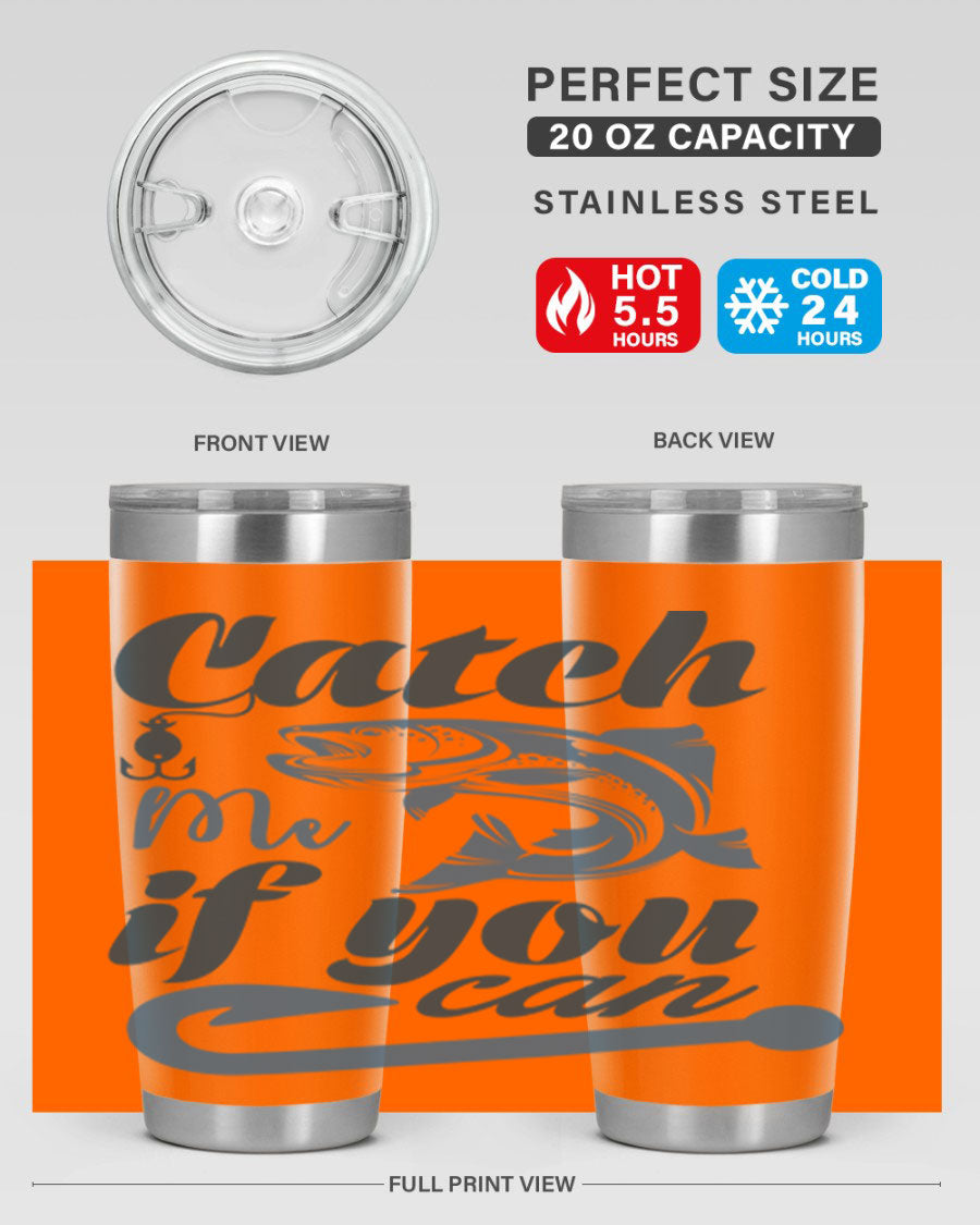 Catch Me 172# Fishing Tumbler in stainless steel with a vibrant fishing-themed design, showcasing its double wall vacuum insulation.