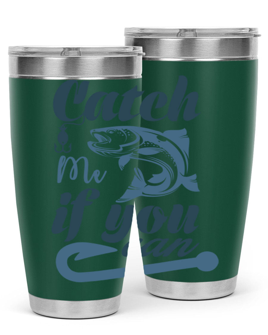 Catch Me 172# Fishing Tumbler in stainless steel with a vibrant fishing-themed design, showcasing its double wall vacuum insulation.