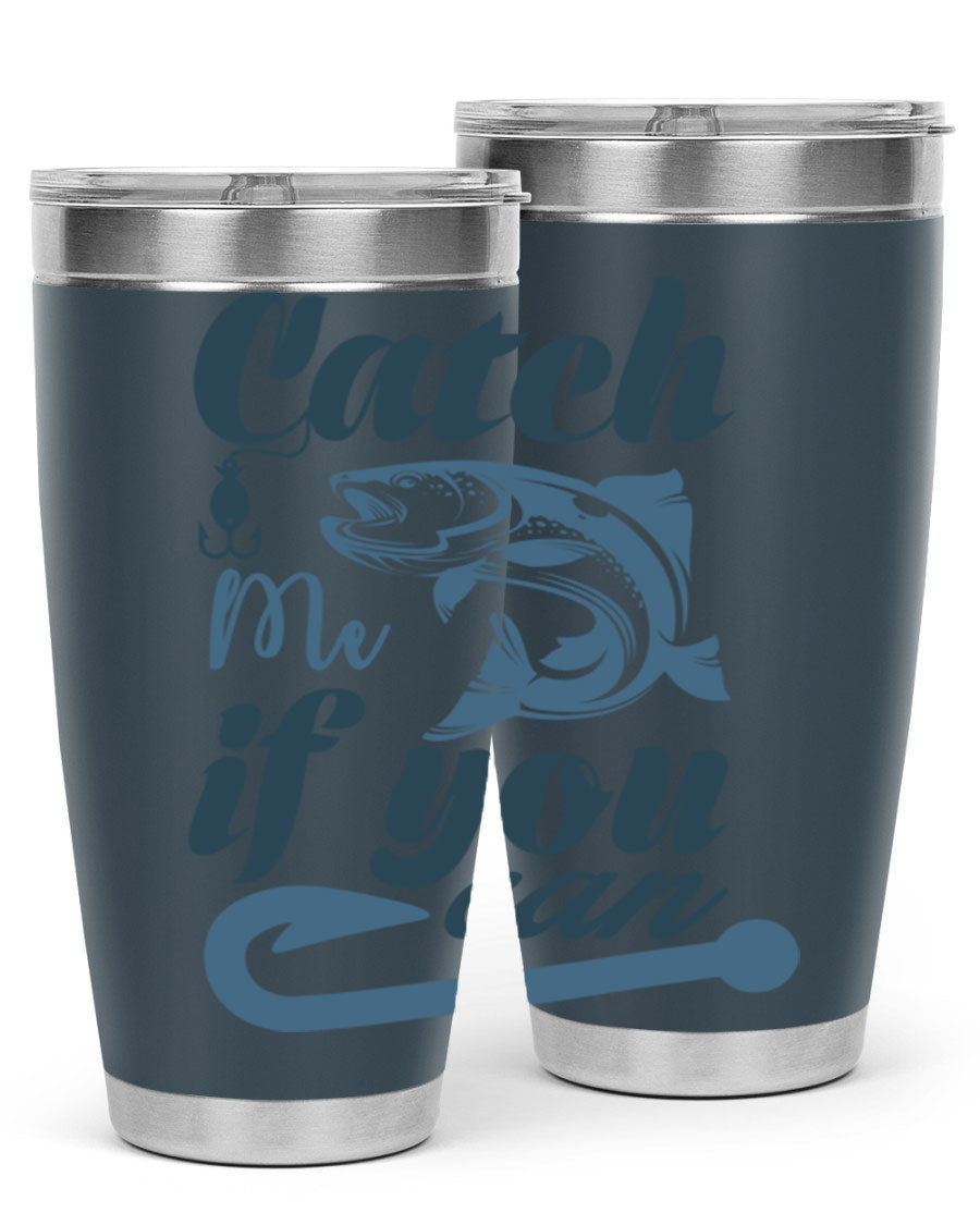 Catch Me 172# Fishing Tumbler in stainless steel with a vibrant fishing-themed design, showcasing its double wall vacuum insulation.