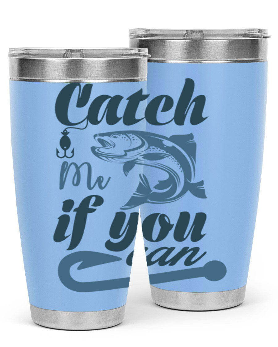 Catch Me 172# Fishing Tumbler in stainless steel with a vibrant fishing-themed design, showcasing its double wall vacuum insulation.