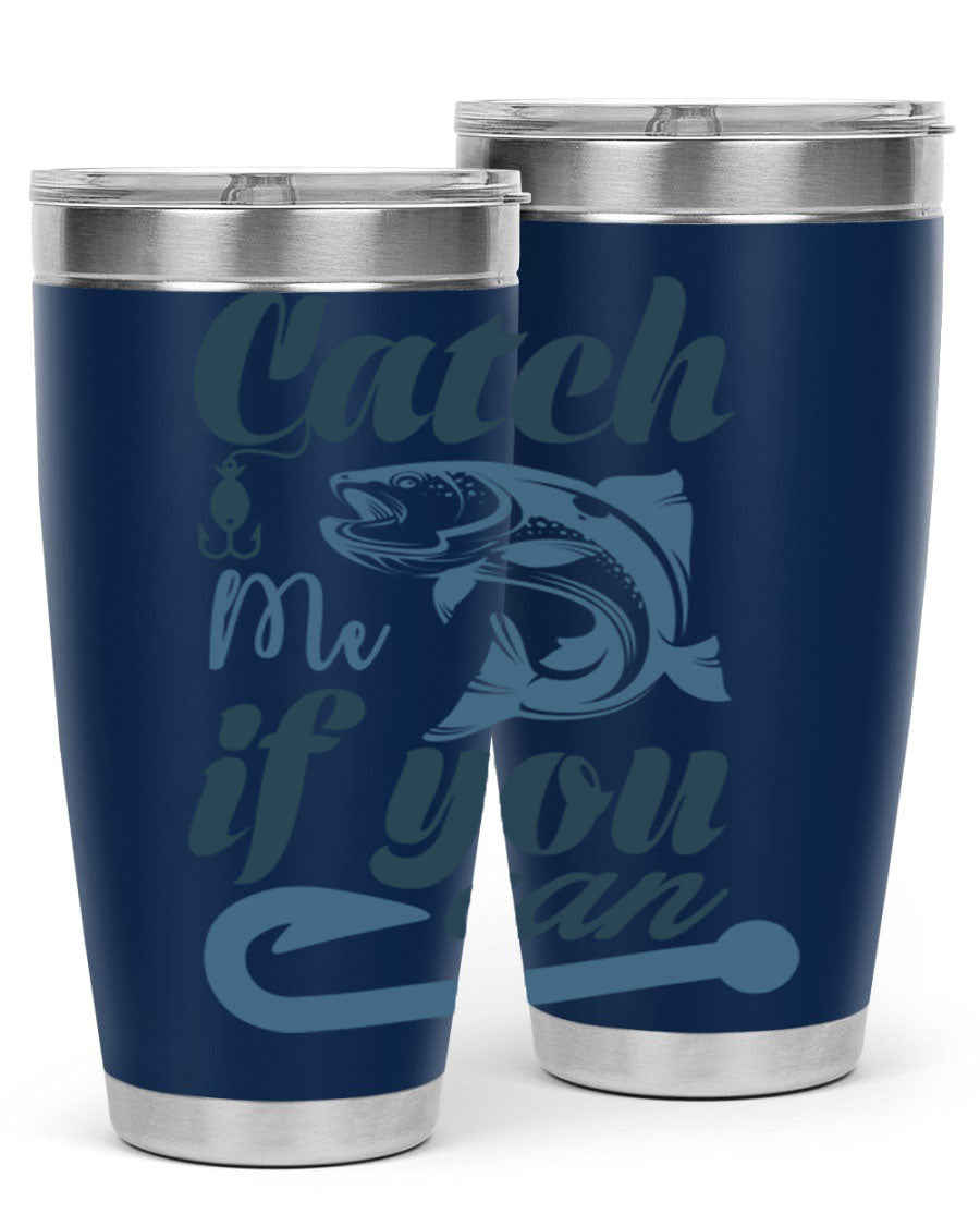 Catch Me 172# Fishing Tumbler in stainless steel with a vibrant fishing-themed design, showcasing its double wall vacuum insulation.
