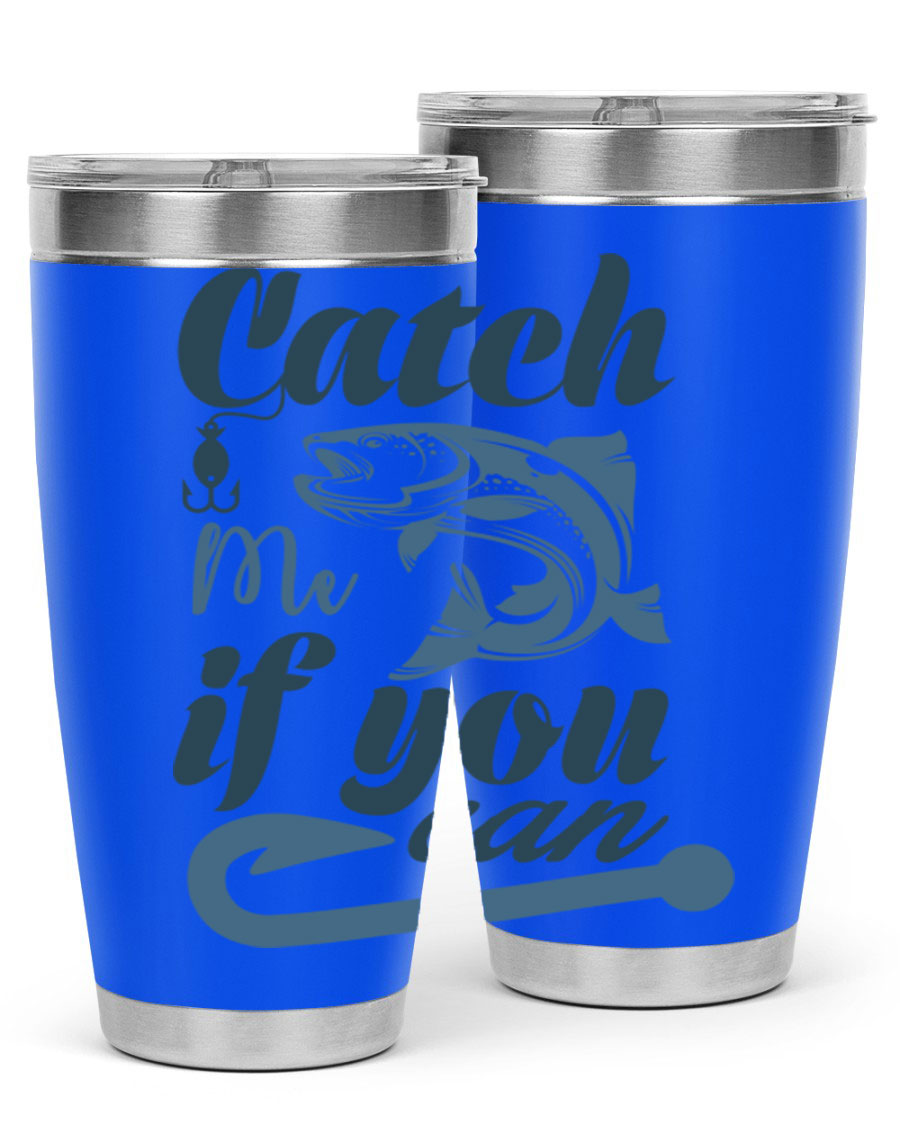 Catch Me 172# Fishing Tumbler in stainless steel with a vibrant fishing-themed design, showcasing its double wall vacuum insulation.