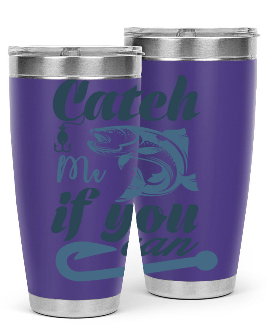 Catch Me 172# Fishing Tumbler in stainless steel with a vibrant fishing-themed design, showcasing its double wall vacuum insulation.