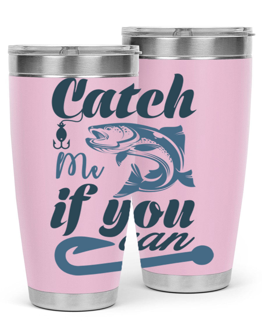 Catch Me 172# Fishing Tumbler in stainless steel with a vibrant fishing-themed design, showcasing its double wall vacuum insulation.