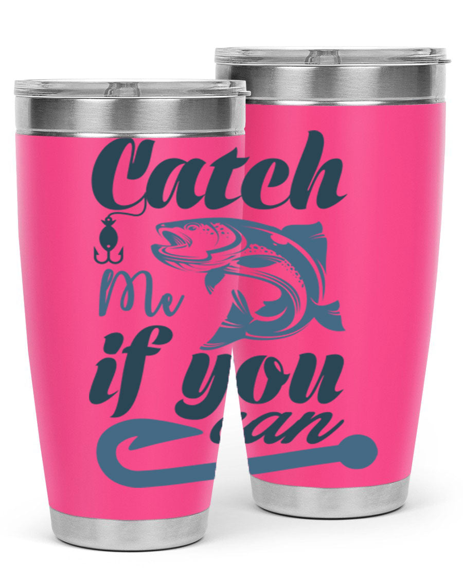 Catch Me 172# Fishing Tumbler in stainless steel with a vibrant fishing-themed design, showcasing its double wall vacuum insulation.