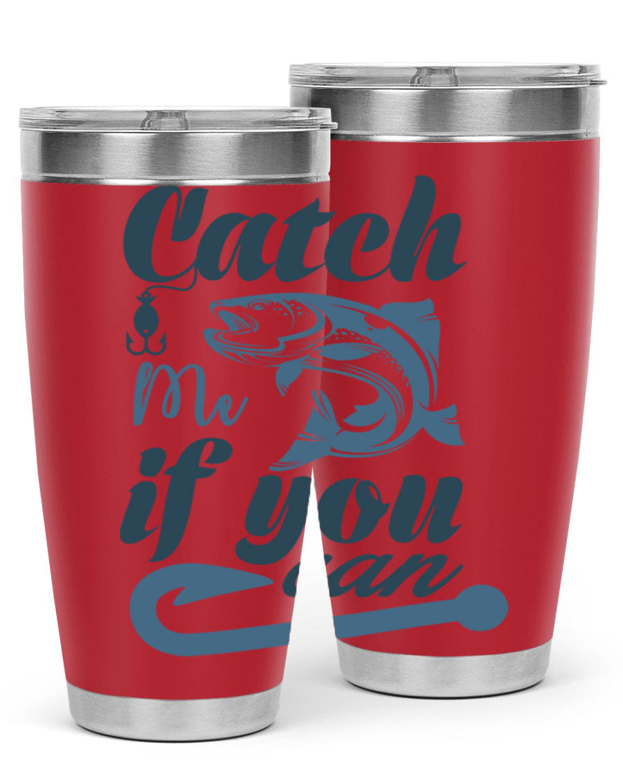 Catch Me 172# Fishing Tumbler in stainless steel with a vibrant fishing-themed design, showcasing its double wall vacuum insulation.