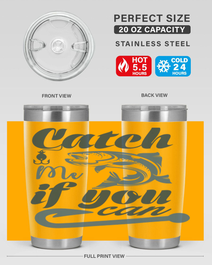 Catch Me 172# Fishing Tumbler in stainless steel with a vibrant fishing-themed design, showcasing its double wall vacuum insulation.
