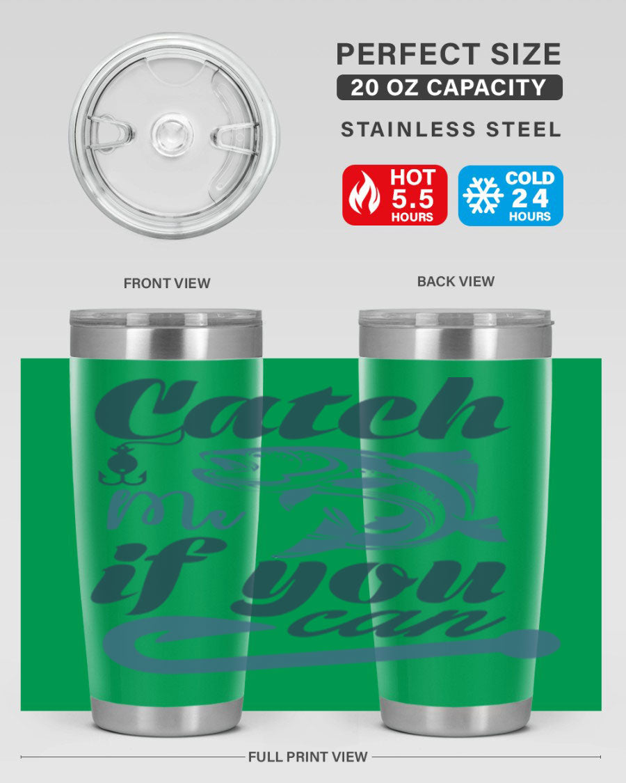 Catch Me 172# Fishing Tumbler in stainless steel with a vibrant fishing-themed design, showcasing its double wall vacuum insulation.