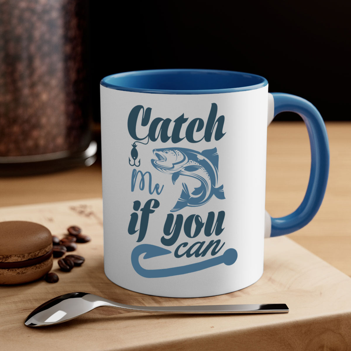 Catch Me 172# Fishing Mug with colorful handle and glossy finish, perfect for coffee and tea lovers.