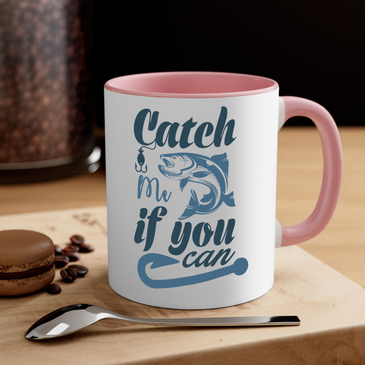 Catch Me 172# Fishing Mug with colorful handle and glossy finish, perfect for coffee and tea lovers.