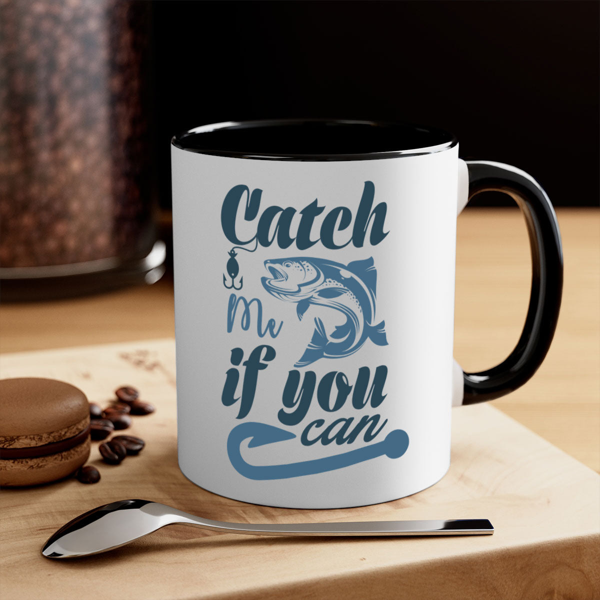 Catch Me 172# Fishing Mug with colorful handle and glossy finish, perfect for coffee and tea lovers.