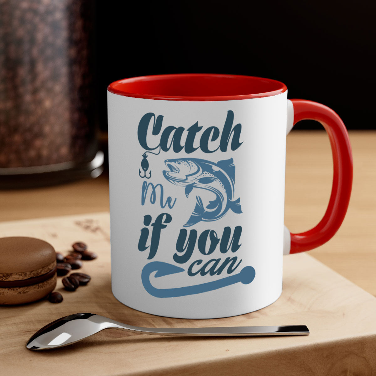 Catch Me 172# Fishing Mug with colorful handle and glossy finish, perfect for coffee and tea lovers.