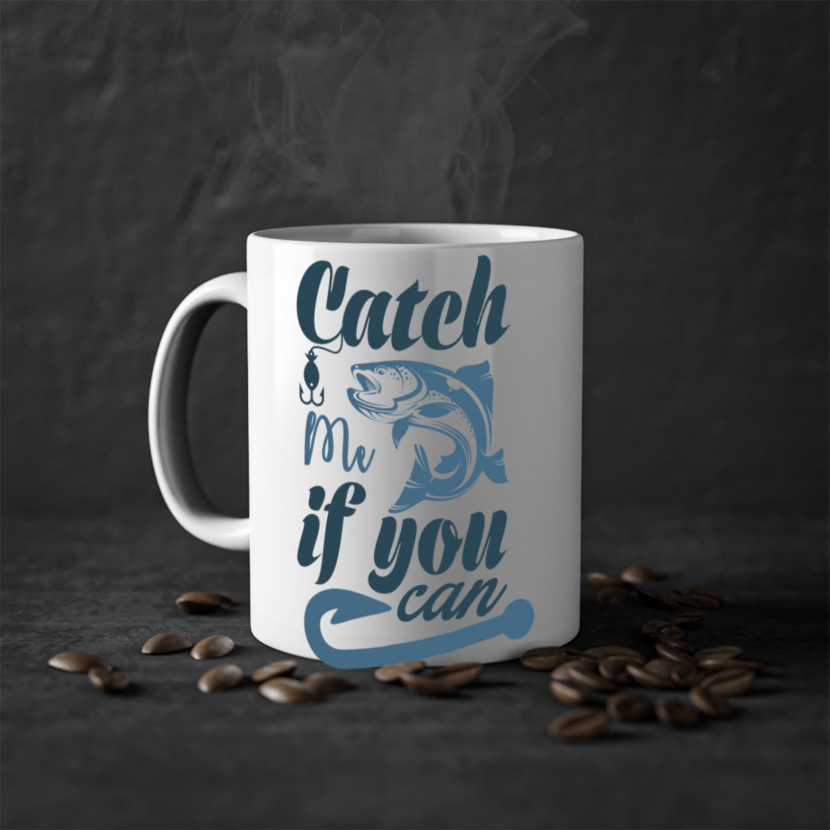Catch Me 172# Fishing Mug with colorful handle and glossy finish, perfect for coffee and tea lovers.