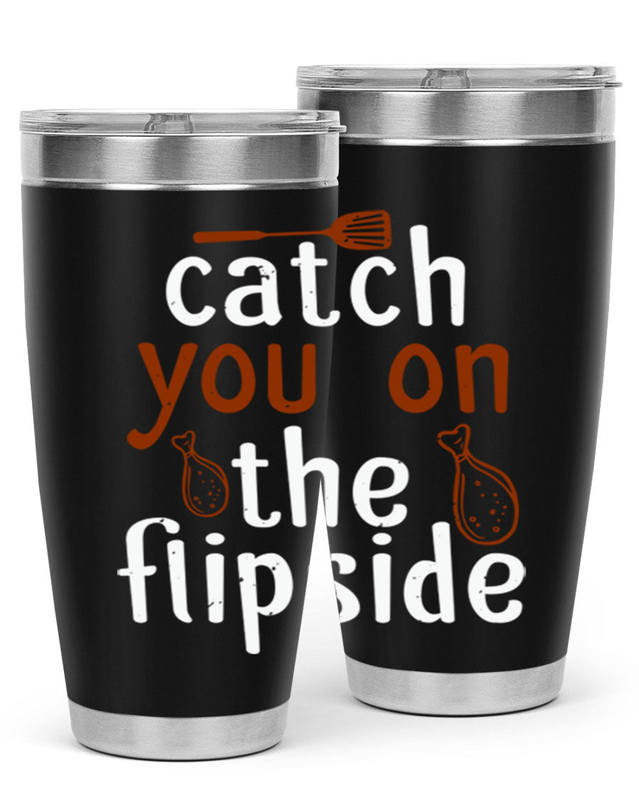 Catch You on the Flipside 20oz Tumbler in stainless steel with a drink-thru lid, showcasing its sleek design and insulation features.