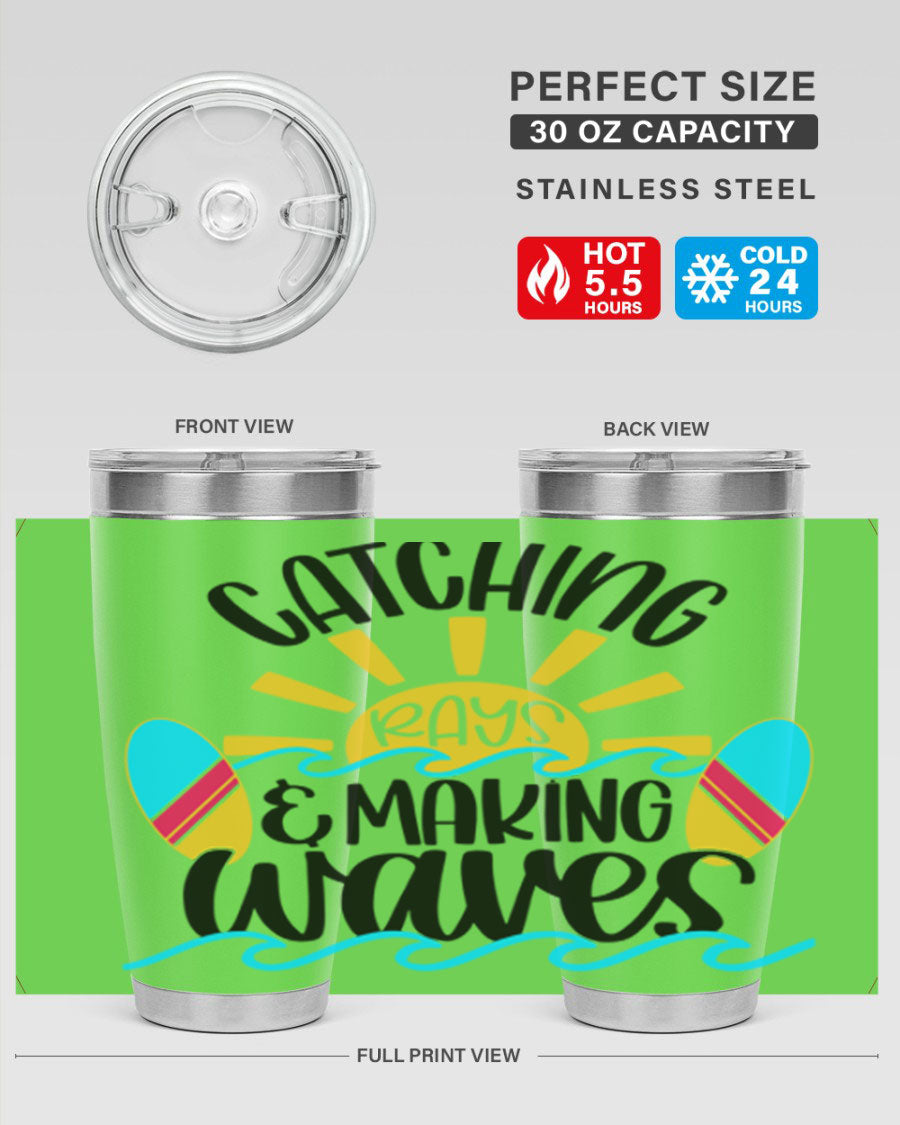 Catching Rays Making Waves Style 49# 20oz Tumbler featuring a sleek stainless steel design with vibrant summer-themed graphics.