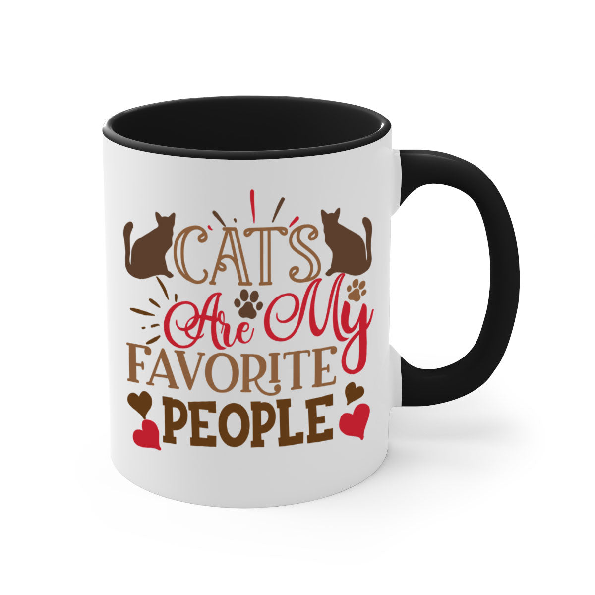 Two-tone ceramic mug with colored handle and interior, featuring the text 'Cats Are My Favorite People' in a glossy finish.