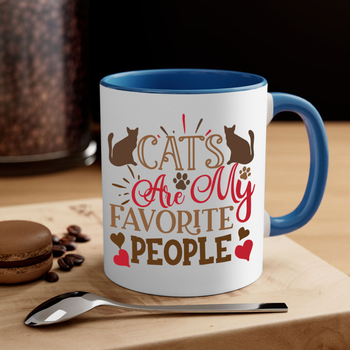 Two-tone ceramic mug with colored handle and interior, featuring the text 'Cats Are My Favorite People' in a glossy finish.