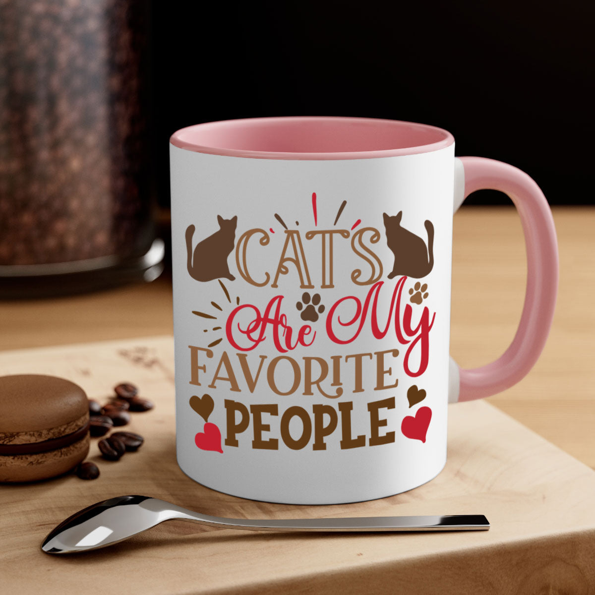 Two-tone ceramic mug with colored handle and interior, featuring the text 'Cats Are My Favorite People' in a glossy finish.