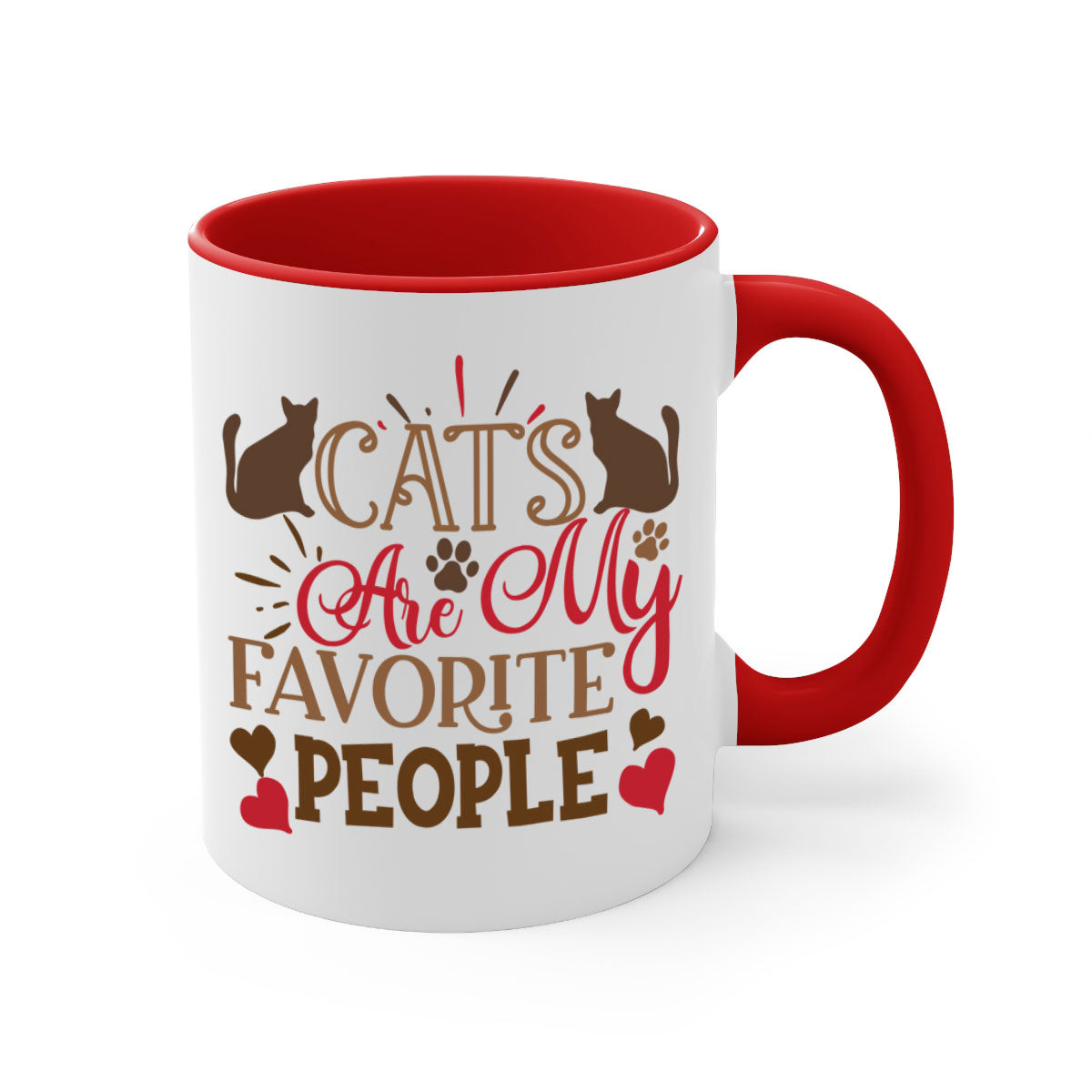 Two-tone ceramic mug with colored handle and interior, featuring the text 'Cats Are My Favorite People' in a glossy finish.