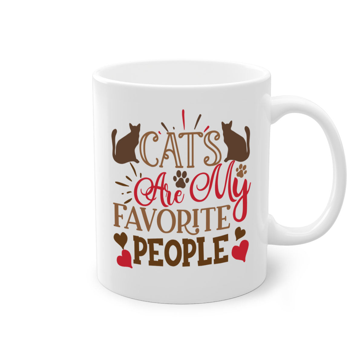 Two-tone ceramic mug with colored handle and interior, featuring the text 'Cats Are My Favorite People' in a glossy finish.
