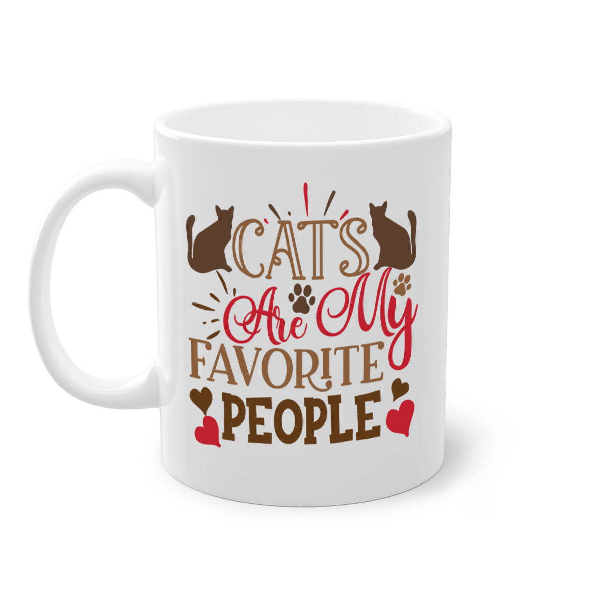 Two-tone ceramic mug with colored handle and interior, featuring the text 'Cats Are My Favorite People' in a glossy finish.