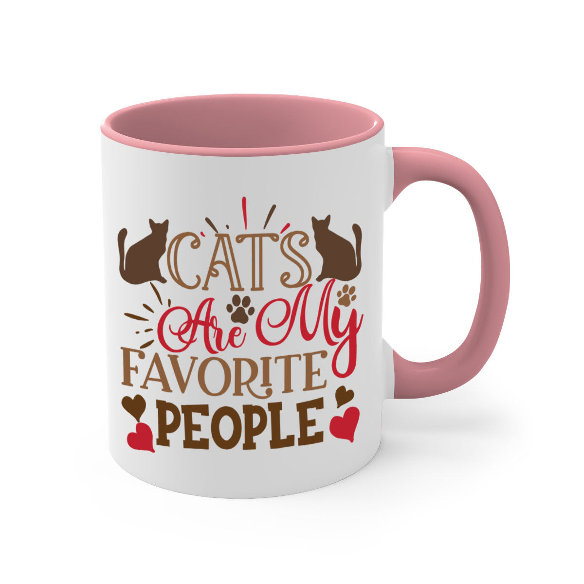 Two-tone ceramic mug with colored handle and interior, featuring the text 'Cats Are My Favorite People' in a glossy finish.