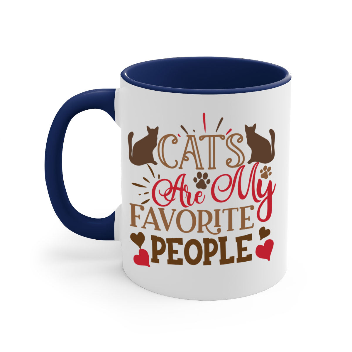 Two-tone ceramic mug with colored handle and interior, featuring the text 'Cats Are My Favorite People' in a glossy finish.