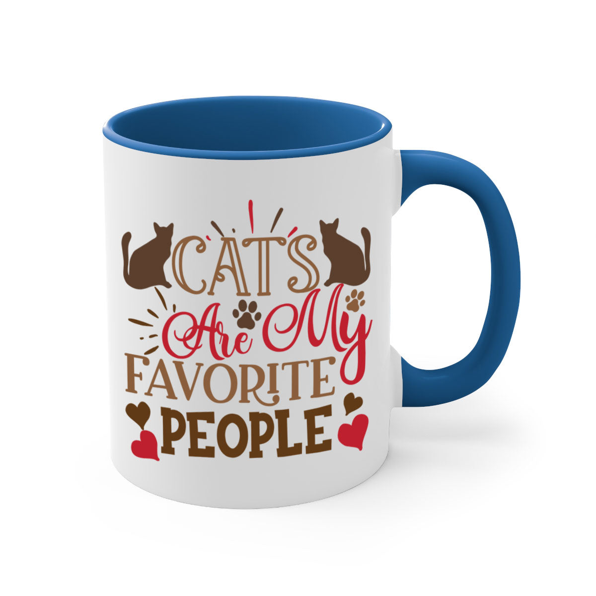 Two-tone ceramic mug with colored handle and interior, featuring the text 'Cats Are My Favorite People' in a glossy finish.