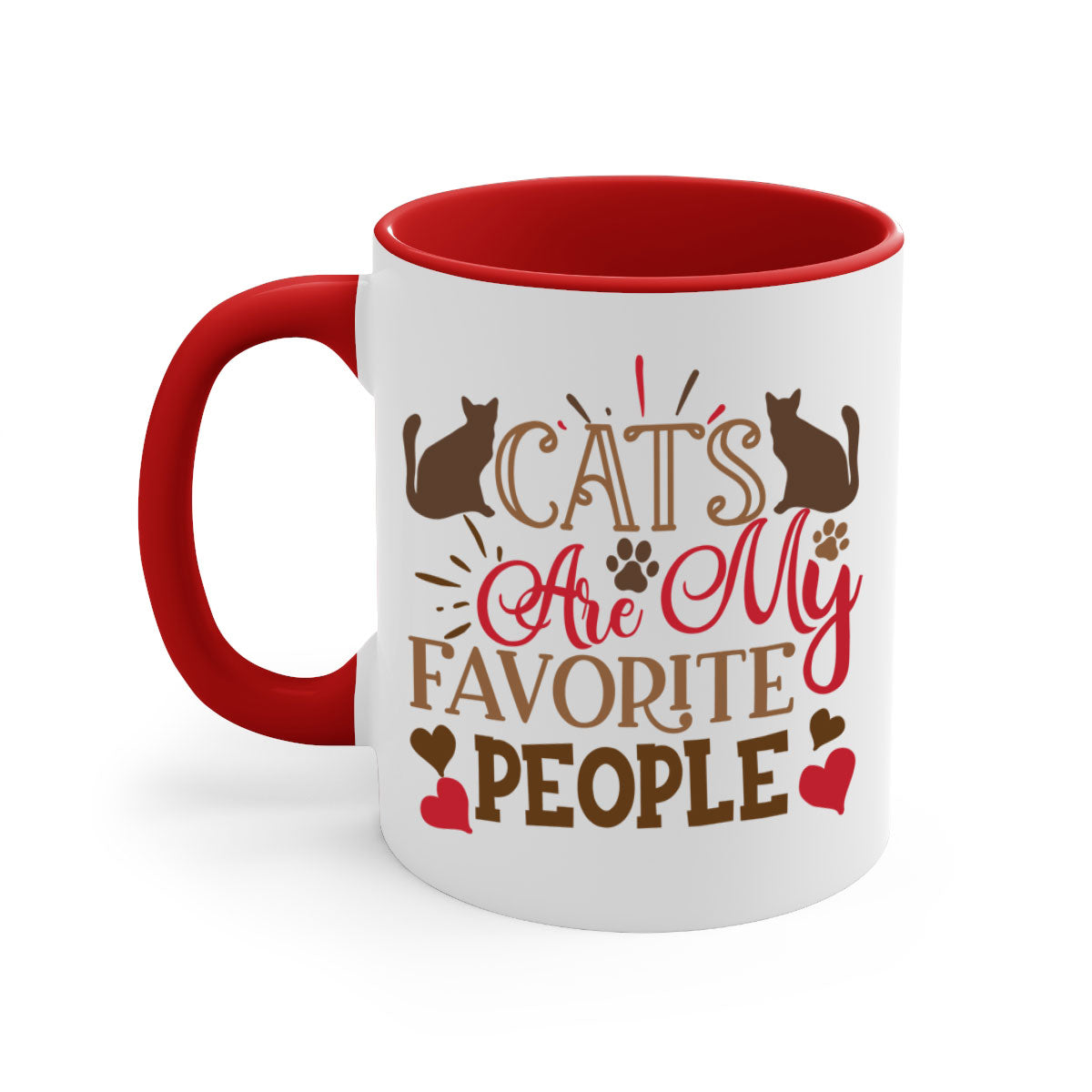 Two-tone ceramic mug with colored handle and interior, featuring the text 'Cats Are My Favorite People' in a glossy finish.