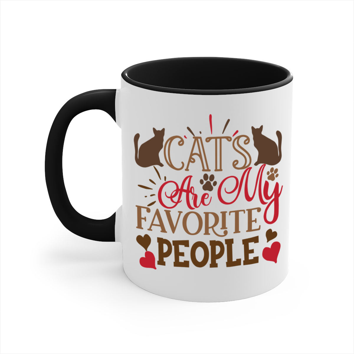 Two-tone ceramic mug with colored handle and interior, featuring the text 'Cats Are My Favorite People' in a glossy finish.