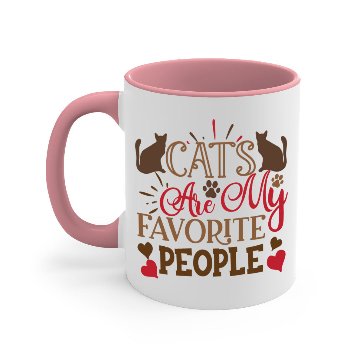 Two-tone ceramic mug with colored handle and interior, featuring the text 'Cats Are My Favorite People' in a glossy finish.