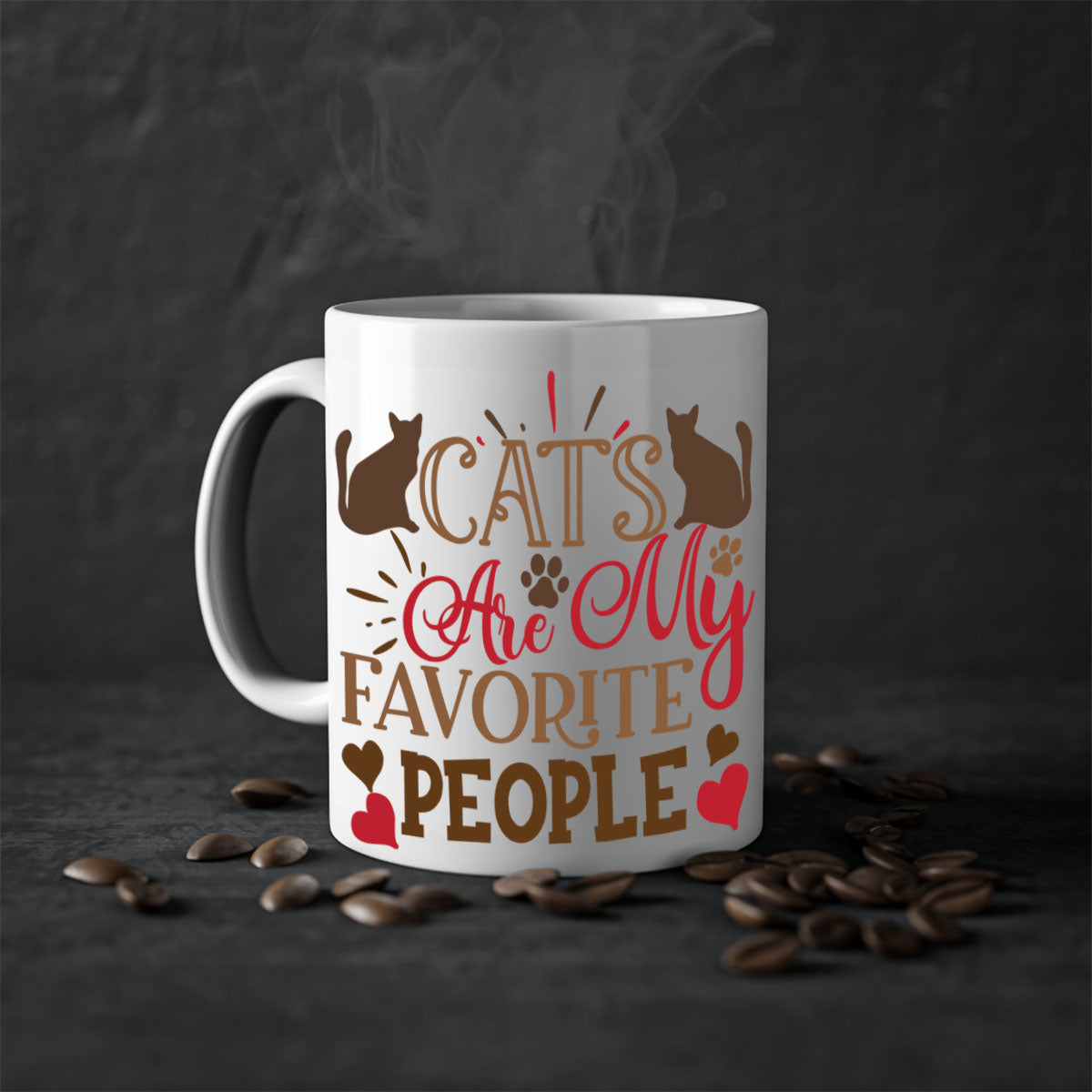 Two-tone ceramic mug with colored handle and interior, featuring the text 'Cats Are My Favorite People' in a glossy finish.