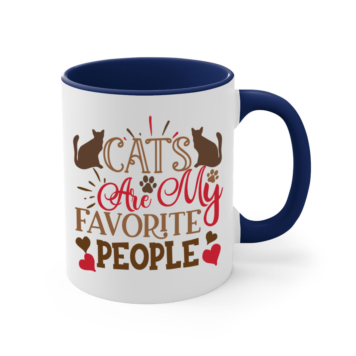 Two-tone ceramic mug with colored handle and interior, featuring the text 'Cats Are My Favorite People' in a glossy finish.