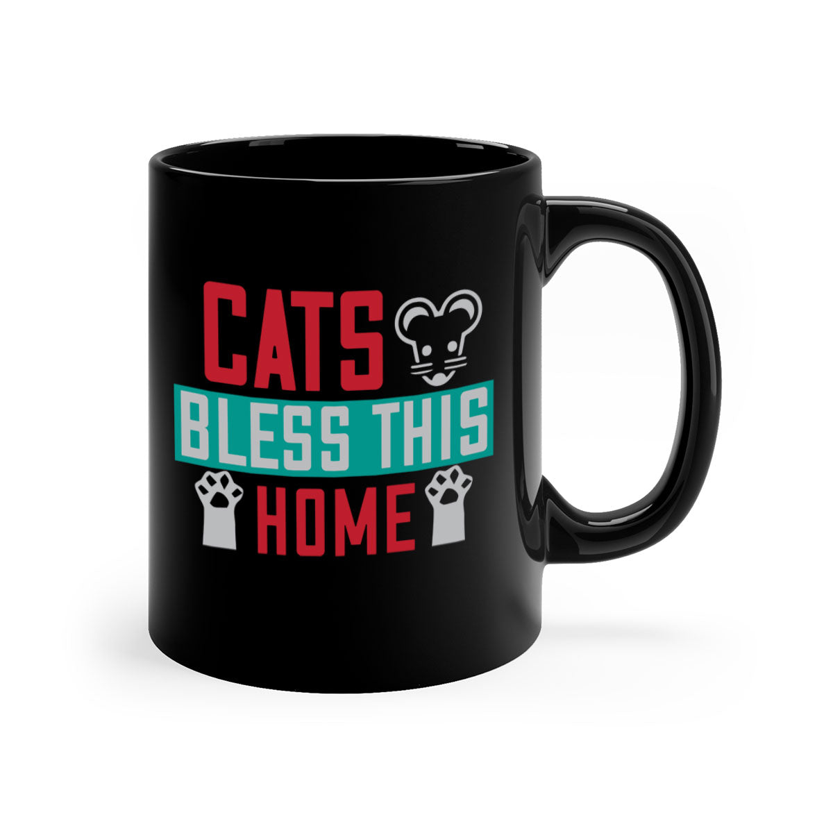 Ceramic 'Cats Bless This Home' mug with a glossy finish, featuring a colored handle and interior, available in multiple colors.