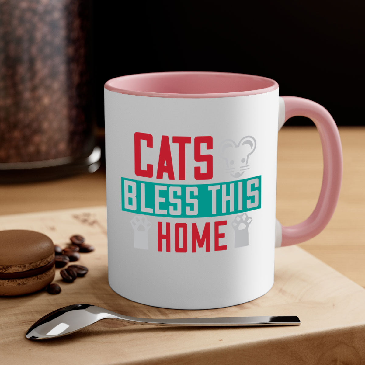 Ceramic 'Cats Bless This Home' mug with a glossy finish, featuring a colored handle and interior, available in multiple colors.