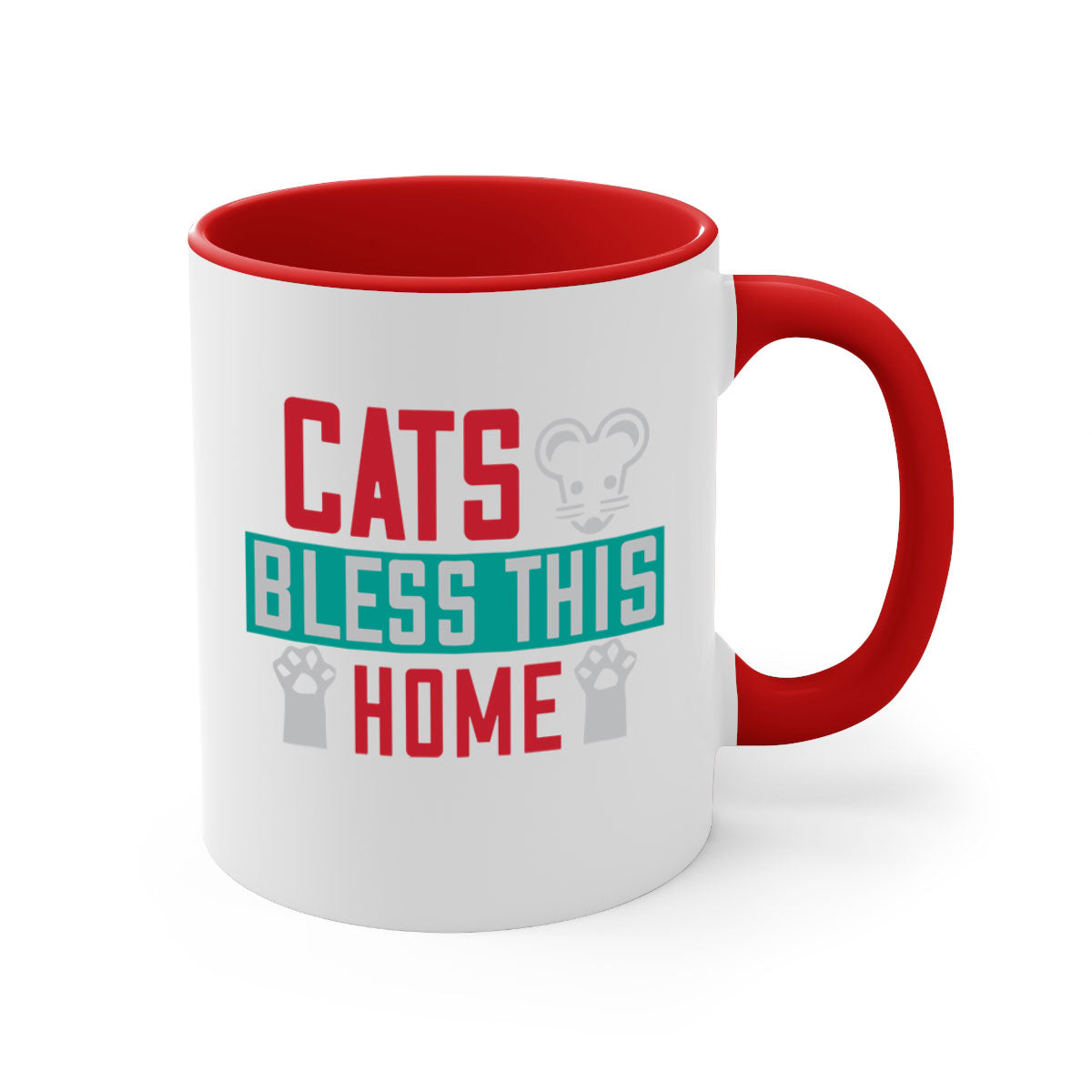 Ceramic 'Cats Bless This Home' mug with a glossy finish, featuring a colored handle and interior, available in multiple colors.