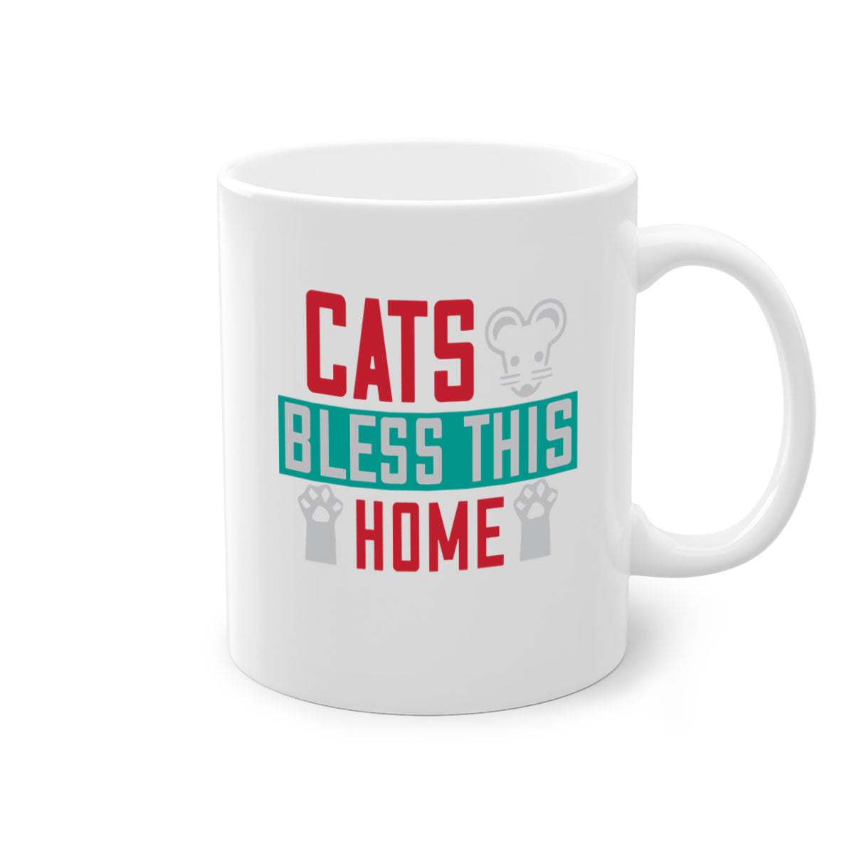 Ceramic 'Cats Bless This Home' mug with a glossy finish, featuring a colored handle and interior, available in multiple colors.