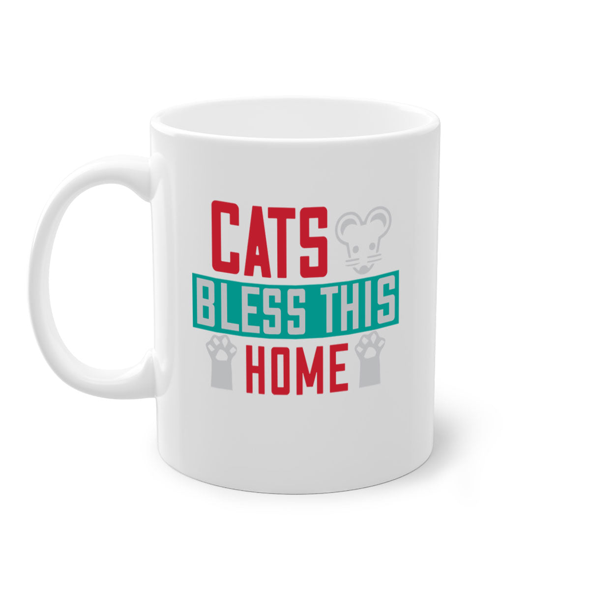 Ceramic 'Cats Bless This Home' mug with a glossy finish, featuring a colored handle and interior, available in multiple colors.