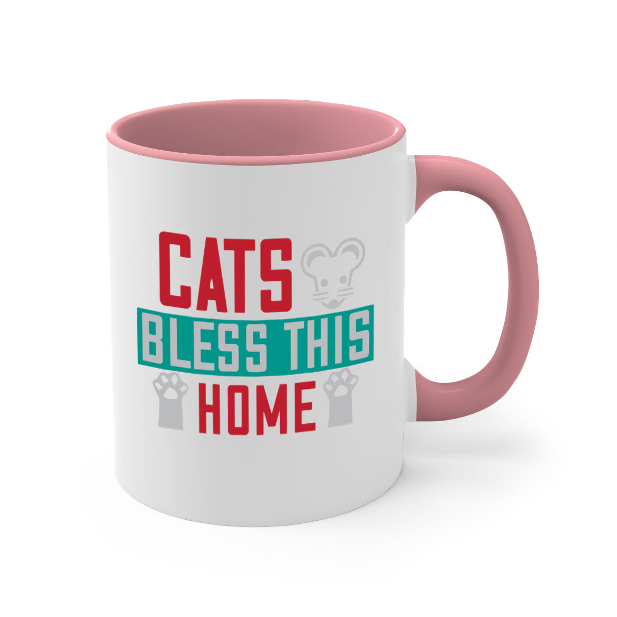 Ceramic 'Cats Bless This Home' mug with a glossy finish, featuring a colored handle and interior, available in multiple colors.