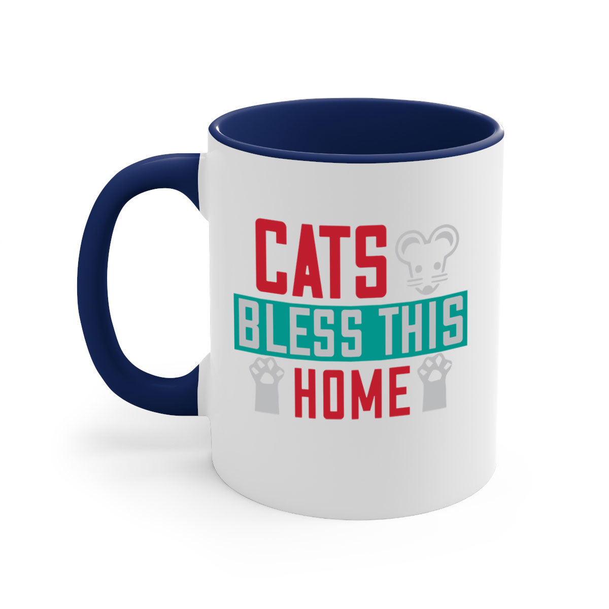 Ceramic 'Cats Bless This Home' mug with a glossy finish, featuring a colored handle and interior, available in multiple colors.