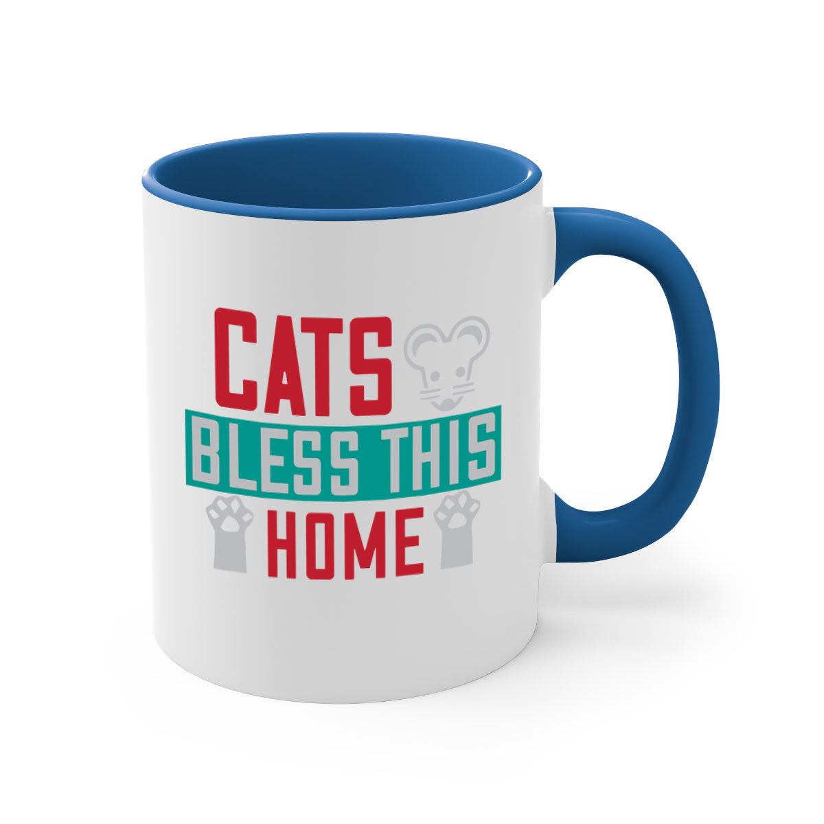 Ceramic 'Cats Bless This Home' mug with a glossy finish, featuring a colored handle and interior, available in multiple colors.