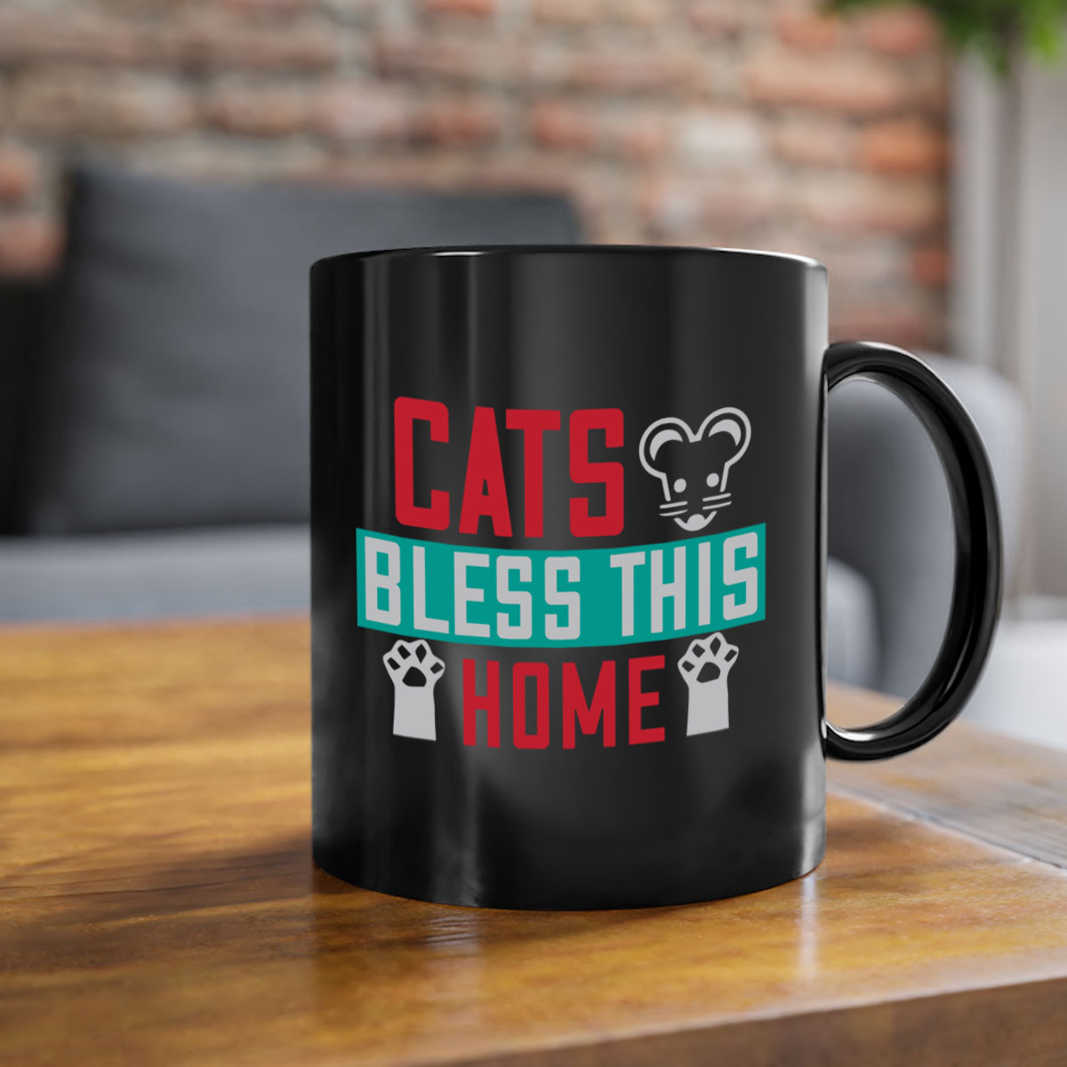 Ceramic 'Cats Bless This Home' mug with a glossy finish, featuring a colored handle and interior, available in multiple colors.