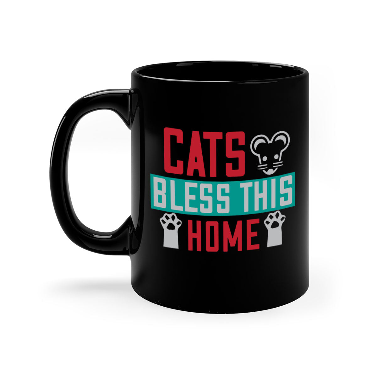 Ceramic 'Cats Bless This Home' mug with a glossy finish, featuring a colored handle and interior, available in multiple colors.