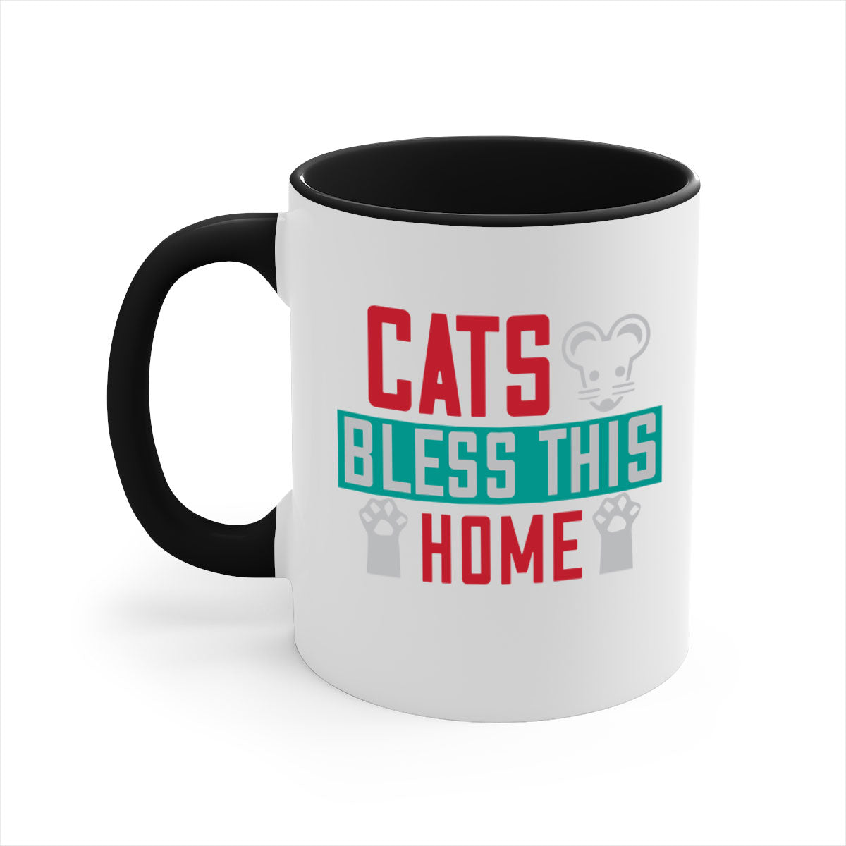 Ceramic 'Cats Bless This Home' mug with a glossy finish, featuring a colored handle and interior, available in multiple colors.