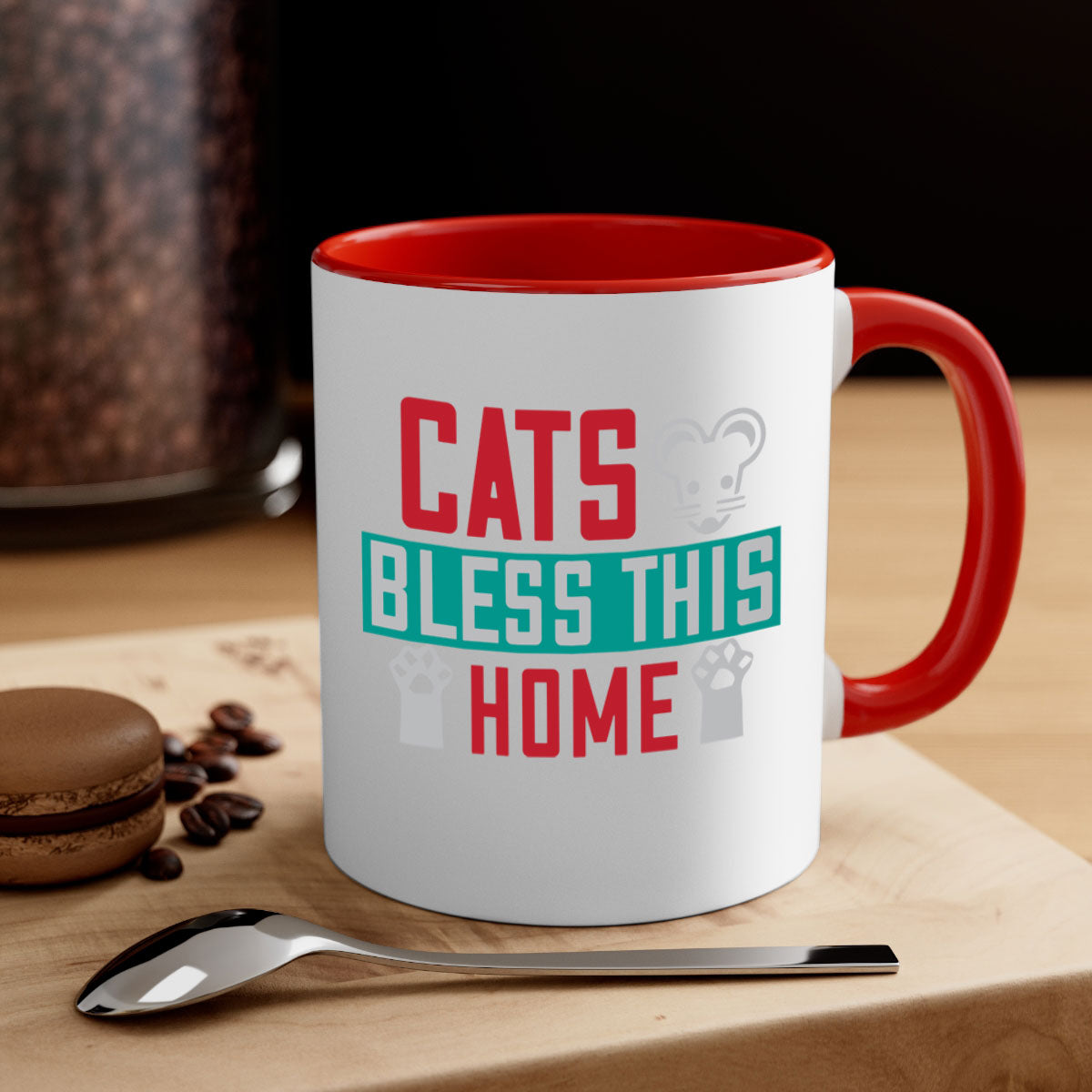 Ceramic 'Cats Bless This Home' mug with a glossy finish, featuring a colored handle and interior, available in multiple colors.